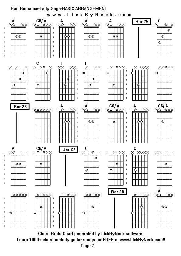 Chord Grids Chart of chord melody fingerstyle guitar song-Bad Romance-Lady Gaga-BASIC ARRANGEMENT,generated by LickByNeck software.